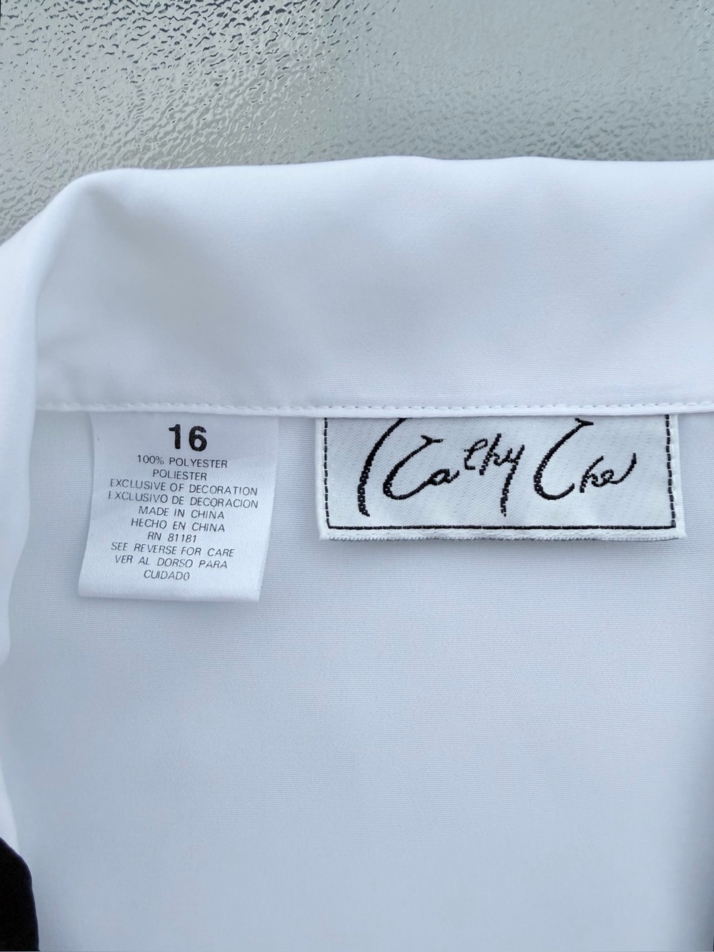 Kathy Che White with Black Trim Button Front Long Sleeve Collared Blouse ~ 16 - Picture 6 of 7
